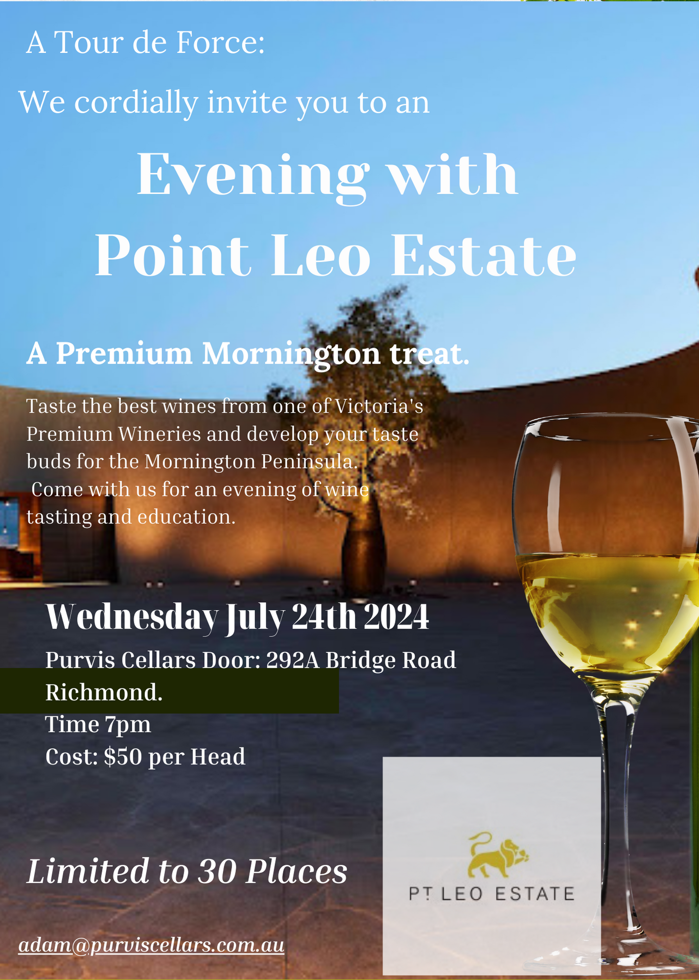 Event Booking - An Evening with Point Leo Estate